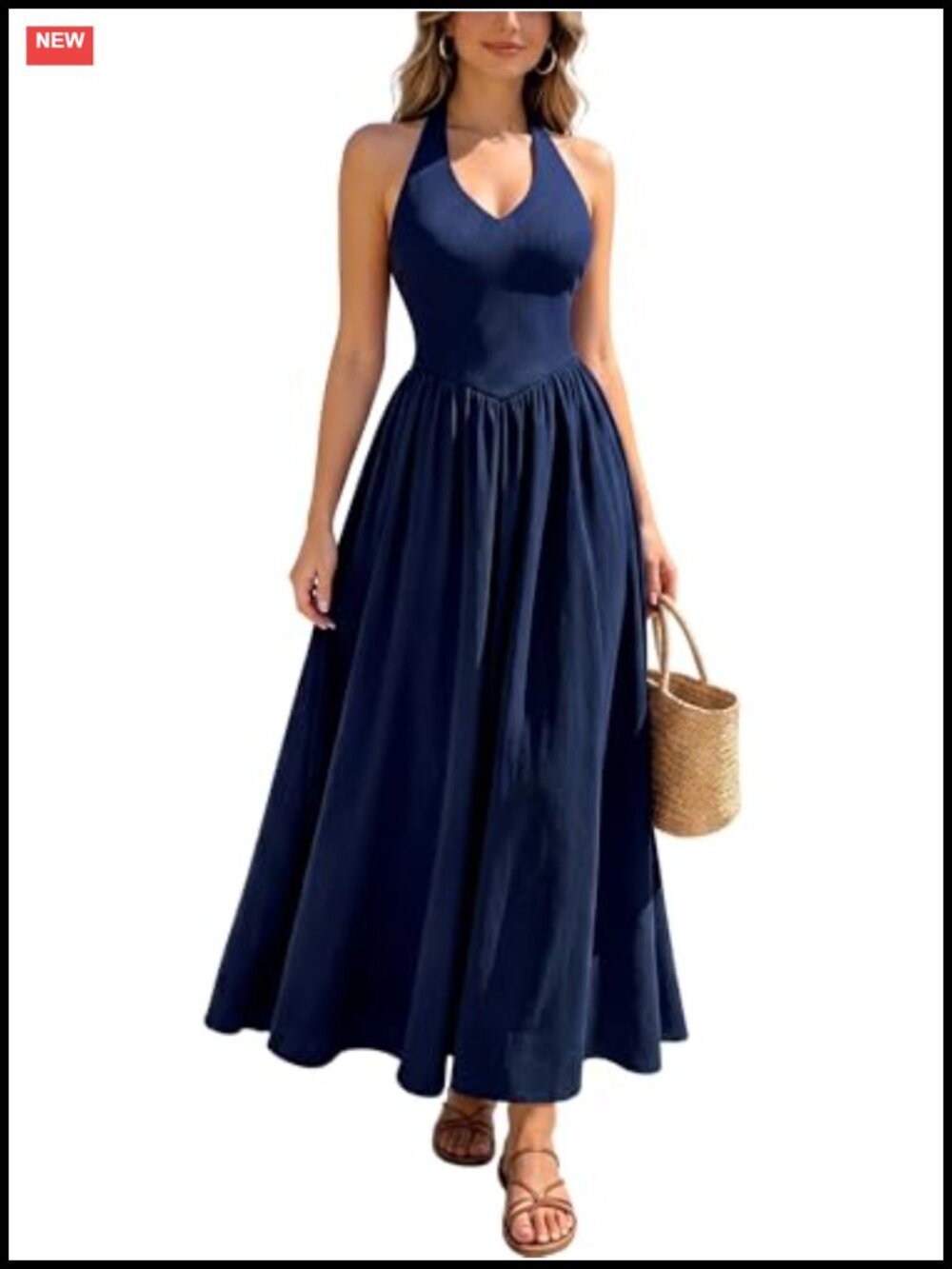 Women's Halter Neck Sleeveless Flowy Midi Dress with Pockets